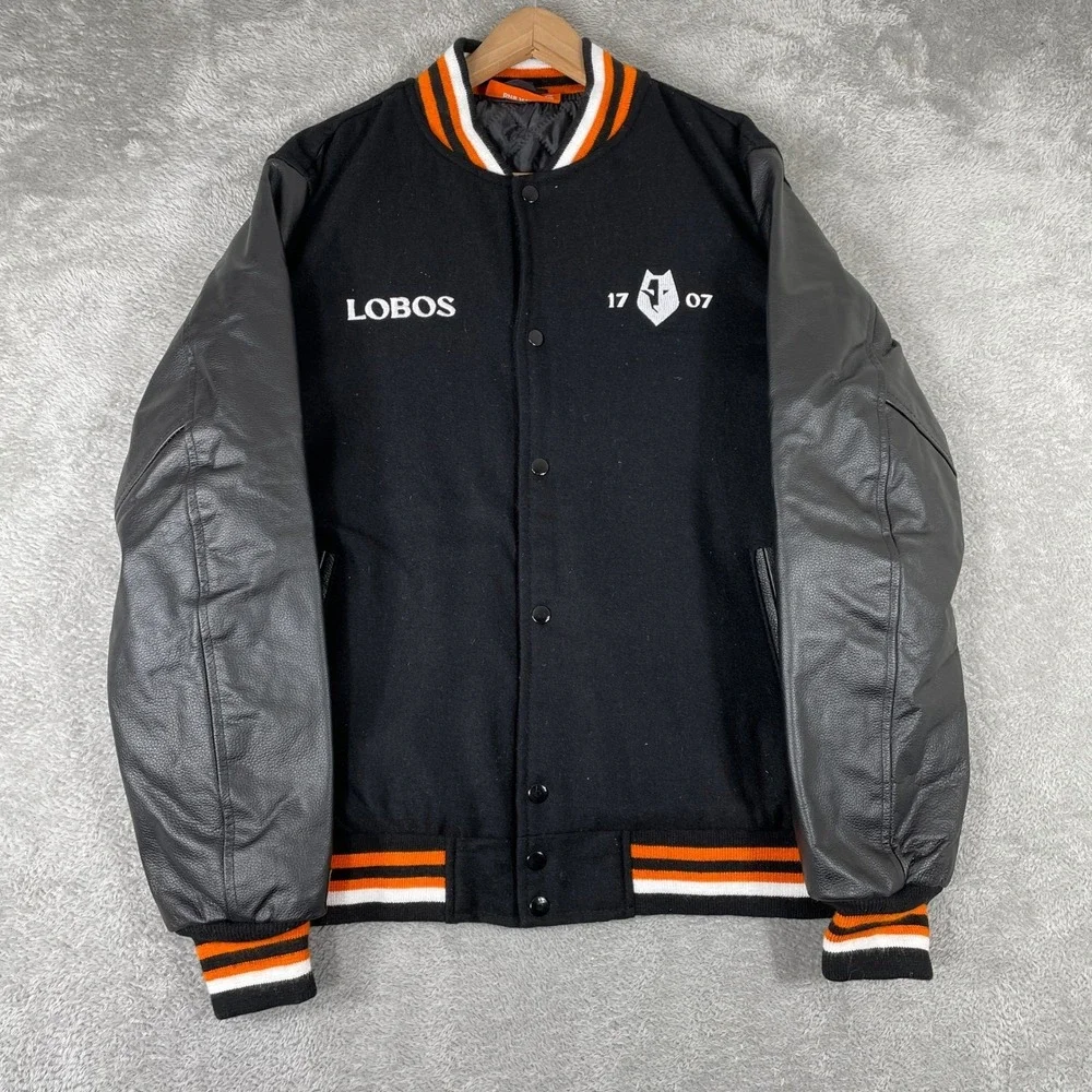 Tequila 1707 Lobos Varsity Jacket Mens Medium Black Wool Leather Letterman Promo